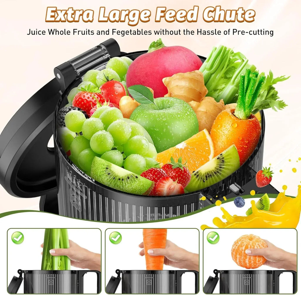 Nouveauté 2026 – Extracteur de jus à froid YPONE , extracteur à mastication avec goulotte d'alimentation de 13,7 cm de large, 350 W, convient aux fruits et légumes entiers, extracteur de jus à haut rendement, facile à nettoyer (noir