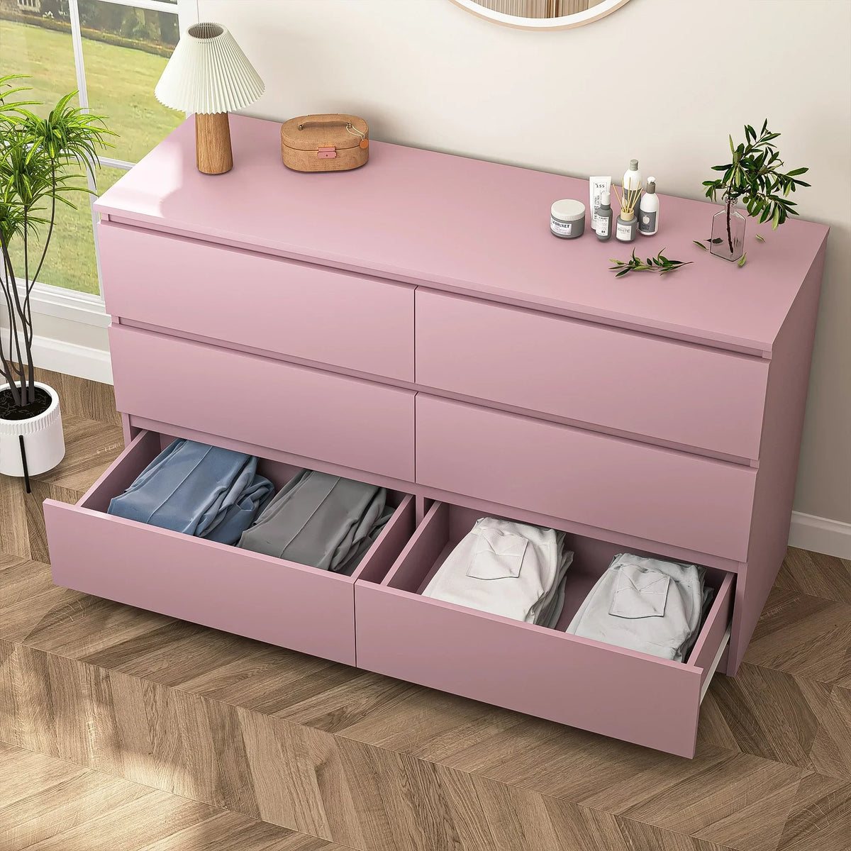 Nouveauté 2026 – Commode Resenkos moderne style milieu du siècle, 6 tiroirs, large, pour chambre à coucher, grise