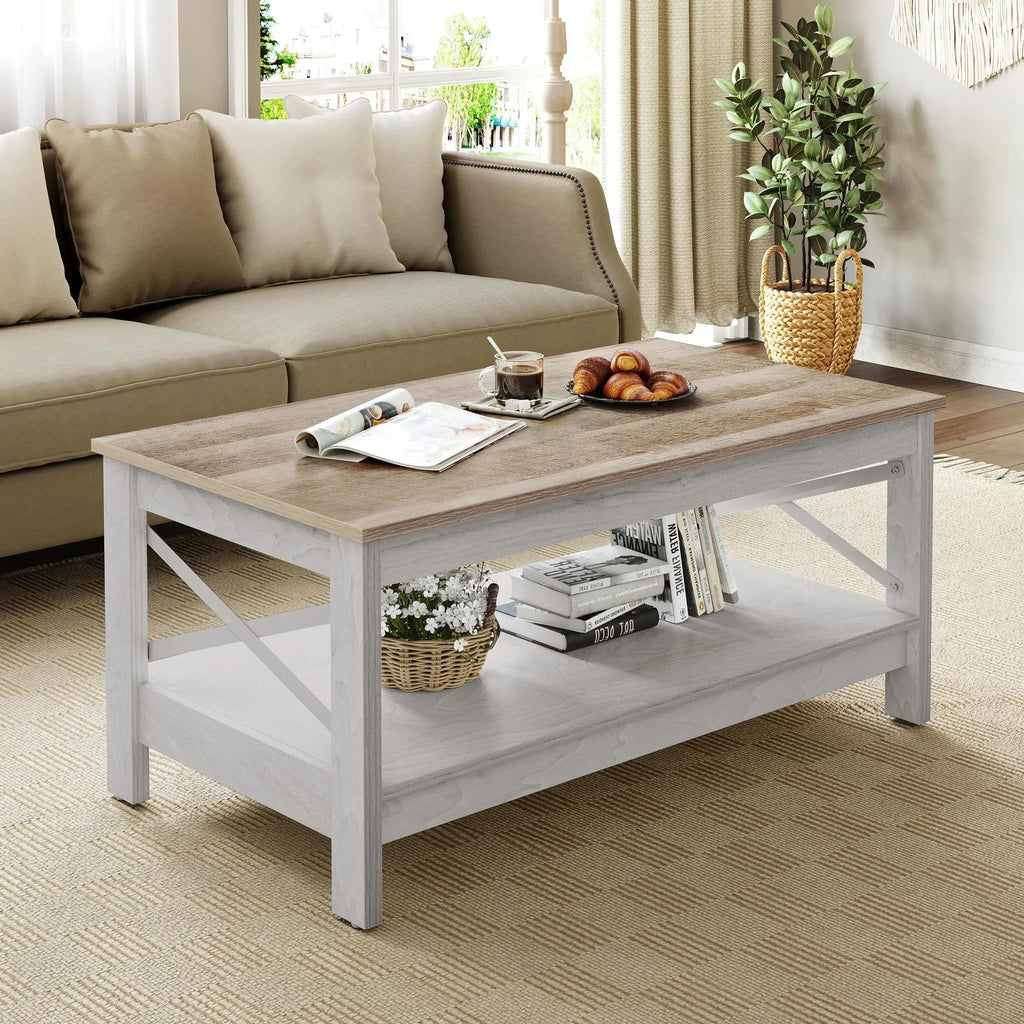 Nouveauté 2026 – Table basse Moasis Farmhouse avec rangement, table centrale à 2 niveaux pour salon, plateau gris délavé et blanc
