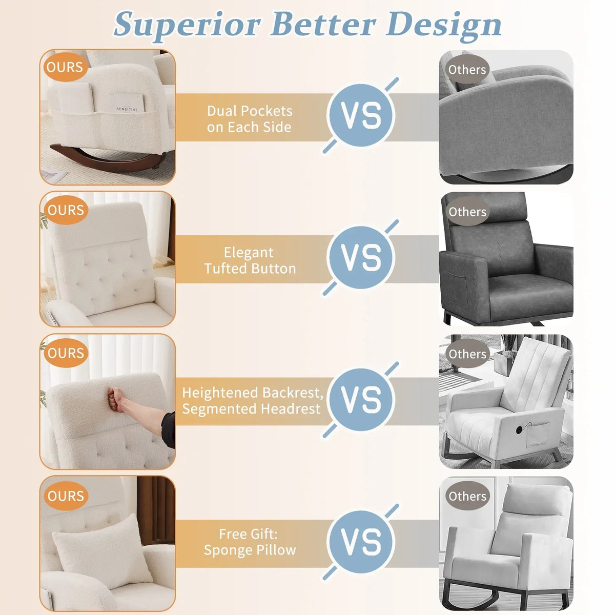 Nouveauté 2026 – Fauteuil à bascule Ktaxon , fauteuil de lecture inclinable, confortable, revêtu de velours peluche, canapé à bascule une place, beige, idéal pour le salon, la chambre d'enfant ou la chambre à coucher