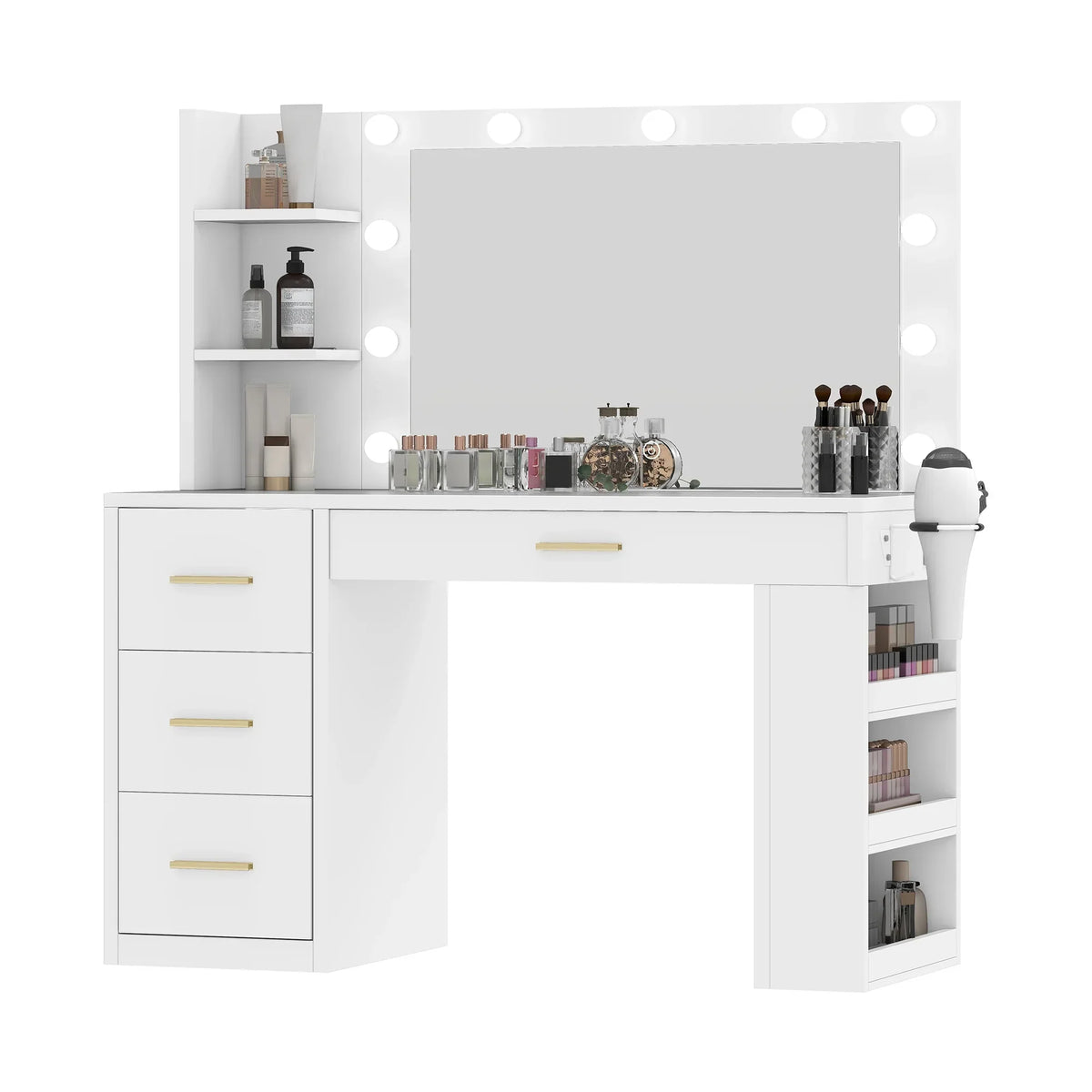 Nouveauté 2026 – Coiffeuse Uforic avec miroir et éclairage, 4 tiroirs et étagères de rangement - Blanche
