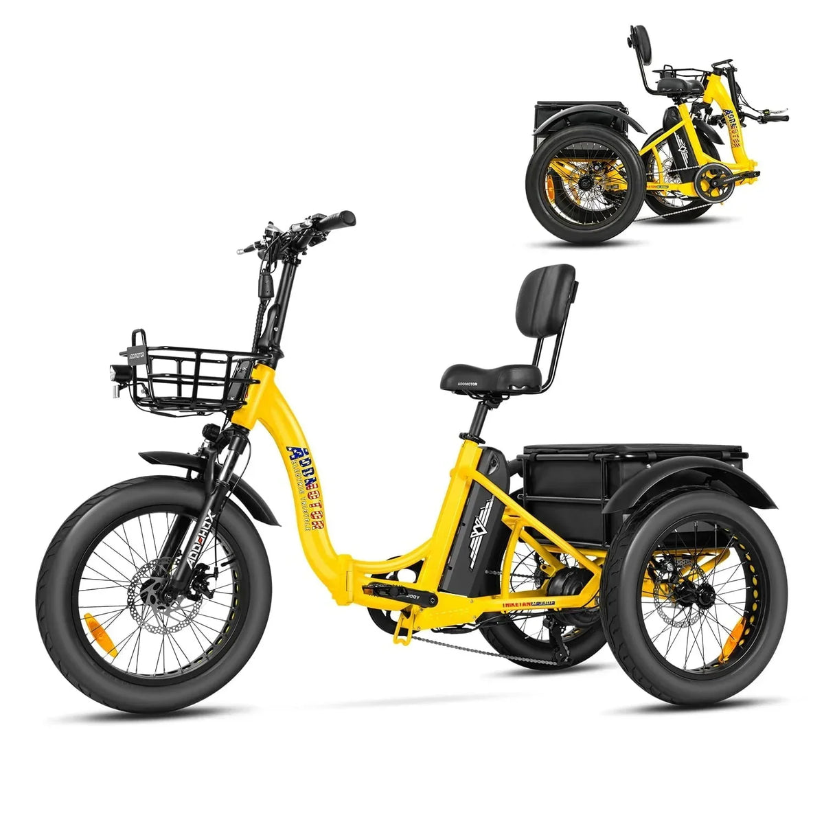 Nouveauté 2026 – Tricycle électrique Addmotor , 750 W, pliable, pour adultes, batterie amovible 48 V 20 Ah, pneus larges 20 pouces avec différentiel arrière, M-330F jaune