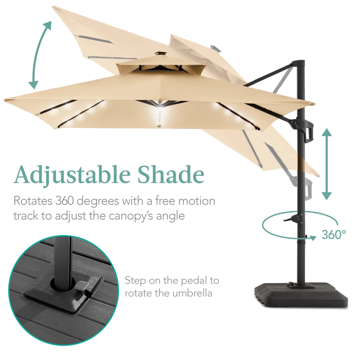 Nouveauté 2026 – Parasol de terrasse carré déporté à deux niveaux, 3 x 3 m, à éclairage solaire LED, avec base incluse (Best Choice Products, ) - Beige