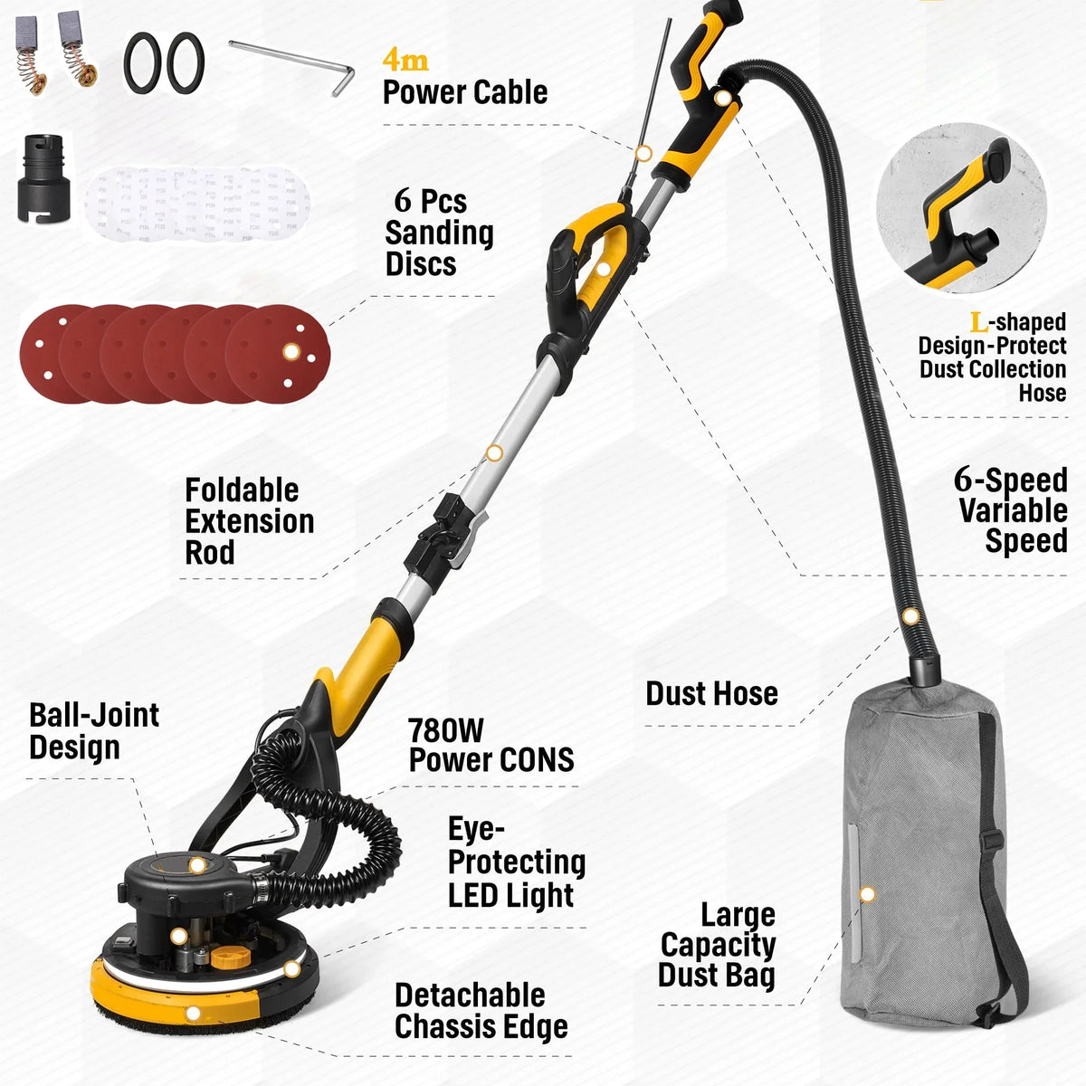 Nouveauté 2026 – Ponceuse électrique pour cloisons sèches POVANLI 780 W avec aspiration des poussières, moteur 6,5 A, vitesse variable (900-1800 tr/min), éclairage LED, poignée extensible et pliable, jaune et noir