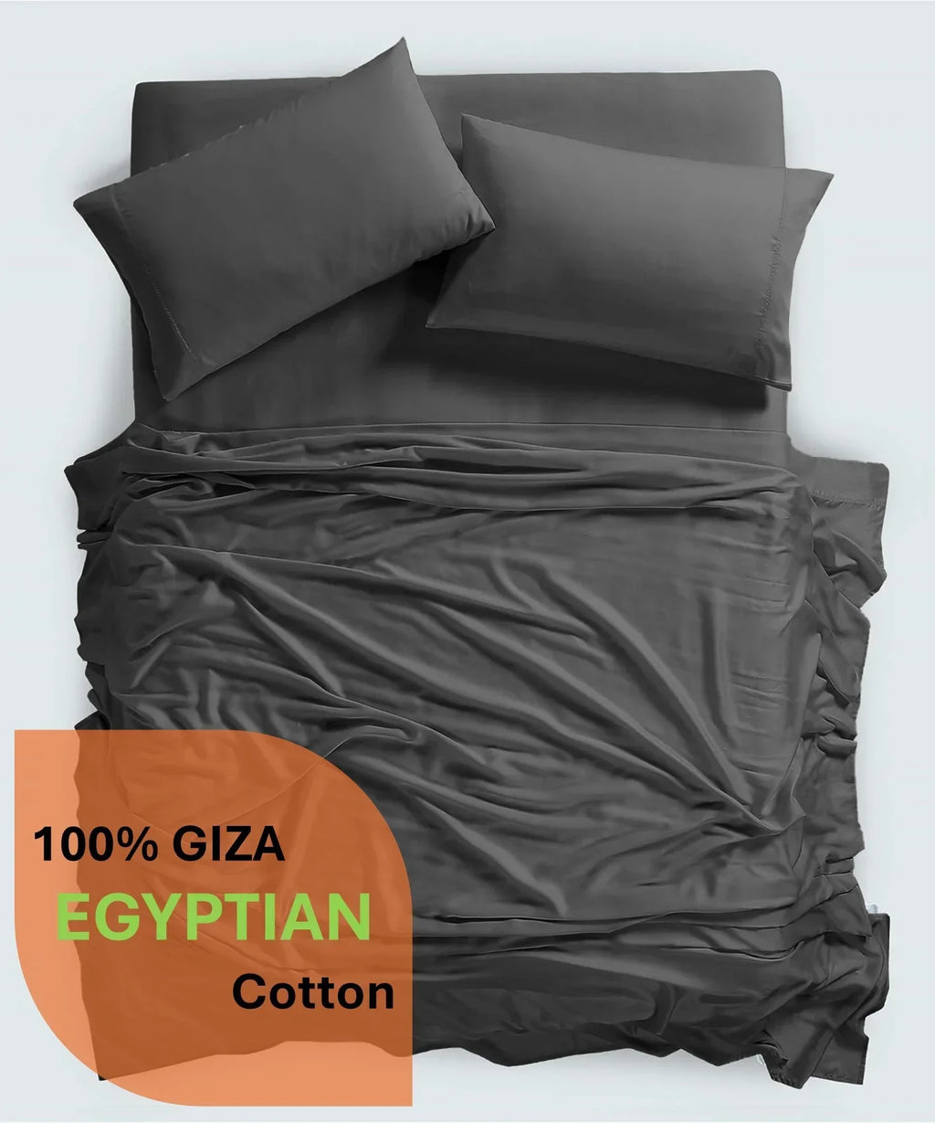 Nouveauté 2026 – Parure de lit 4 pièces en coton égyptien Giza 100 % (600 fils/cm²), drap-housse à bonnet profond de 38 cm, satin doux et respirant - Noir, 1 place