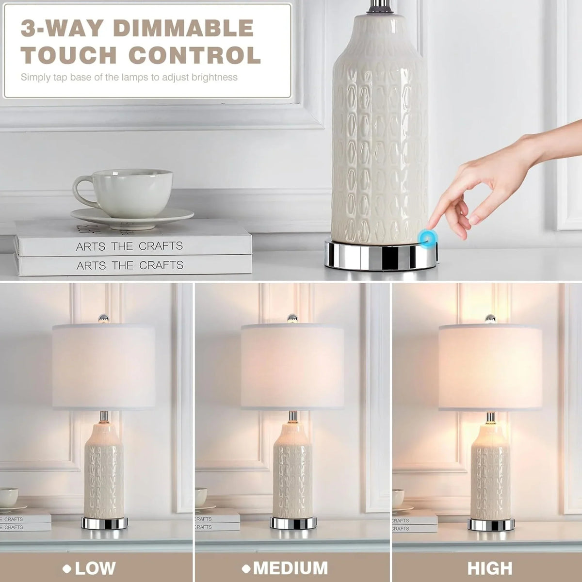 Nouveauté 2026 – Ensemble de 2 lampes de table Cinkeda pour salon et chambre à coucher, avec ports USB, prise secteur, intensité réglable à 3 niveaux, veilleuse tactile, style champêtre, motif floral blanc, lampes de chevet