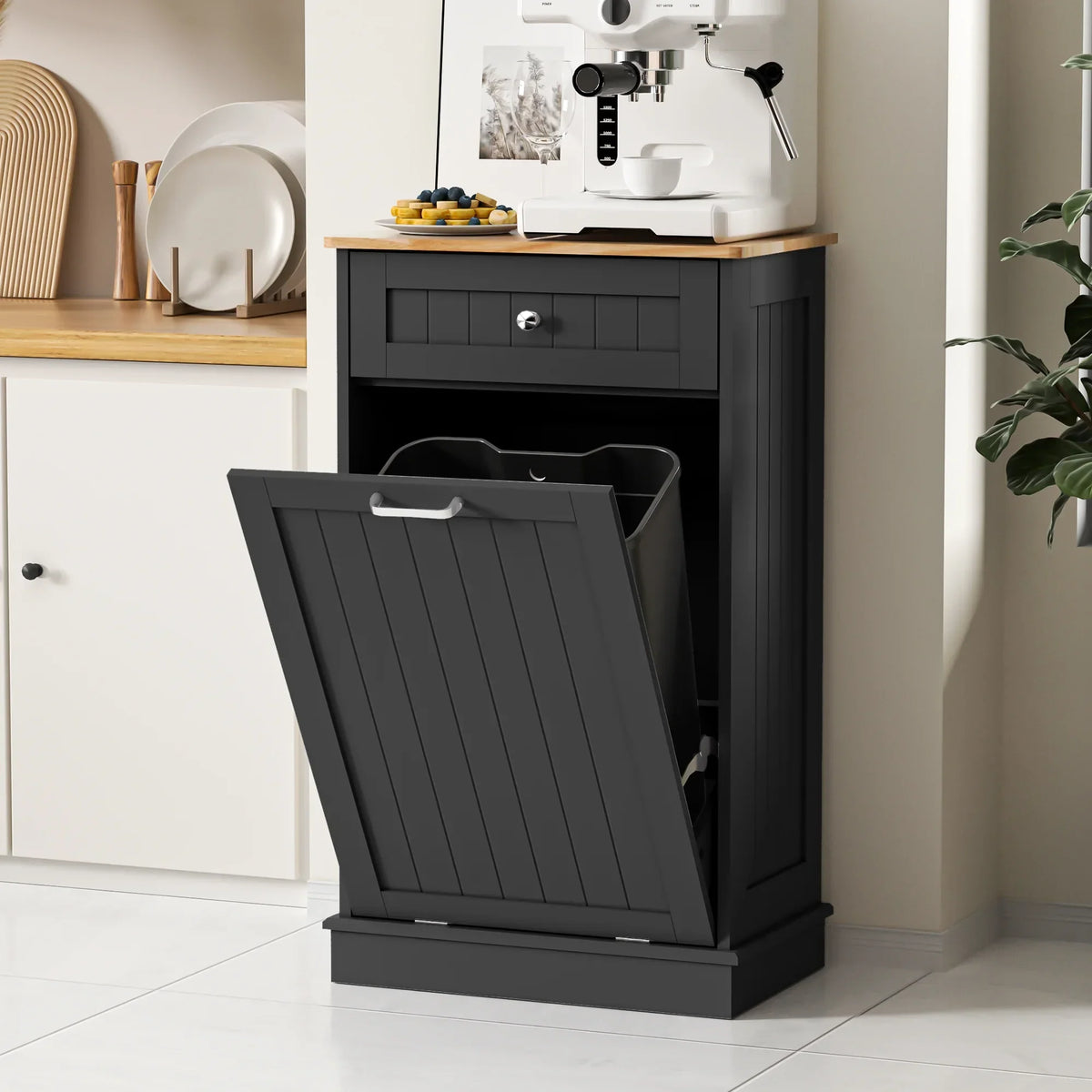 Nouveauté 2026 – Meuble poubelle basculant HARIPUL pour bac à déchets de 49 litres (13 gallons), meuble poubelle de cuisine autoportant avec tiroirs, blanc