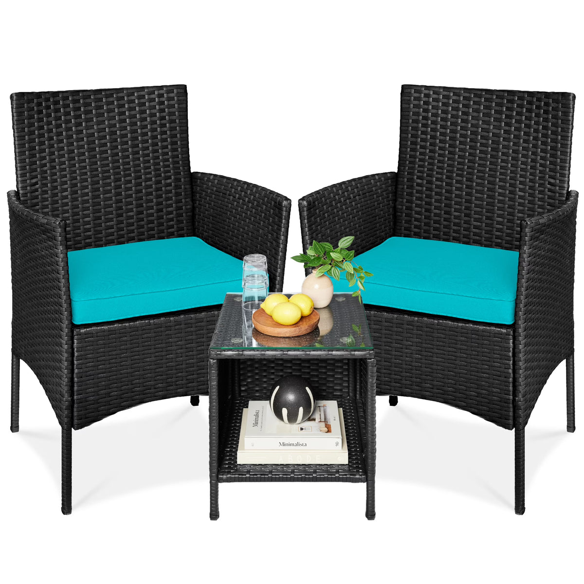 Nouveauté 2026 – Ensemble bistro de jardin 3 pièces en résine tressée Best Choice Products , avec 2 chaises et une table - Gris/Bleu marine