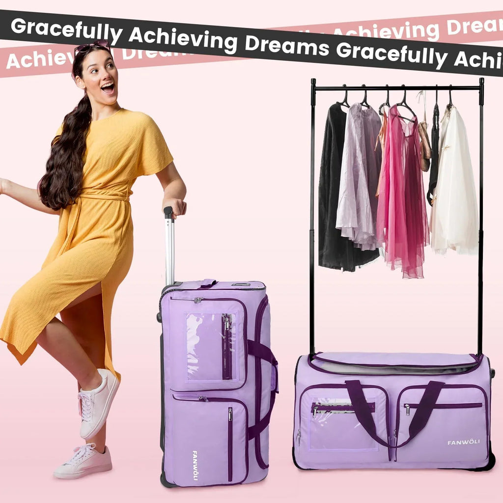Nouveauté 2026 – Sac de danse Fegat avec portant - Sac de danse pliable à roulettes de 71 cm (28 pouces) pour compétitions, danse, spectacles, streamers et athlètes. Valise légère à roulettes