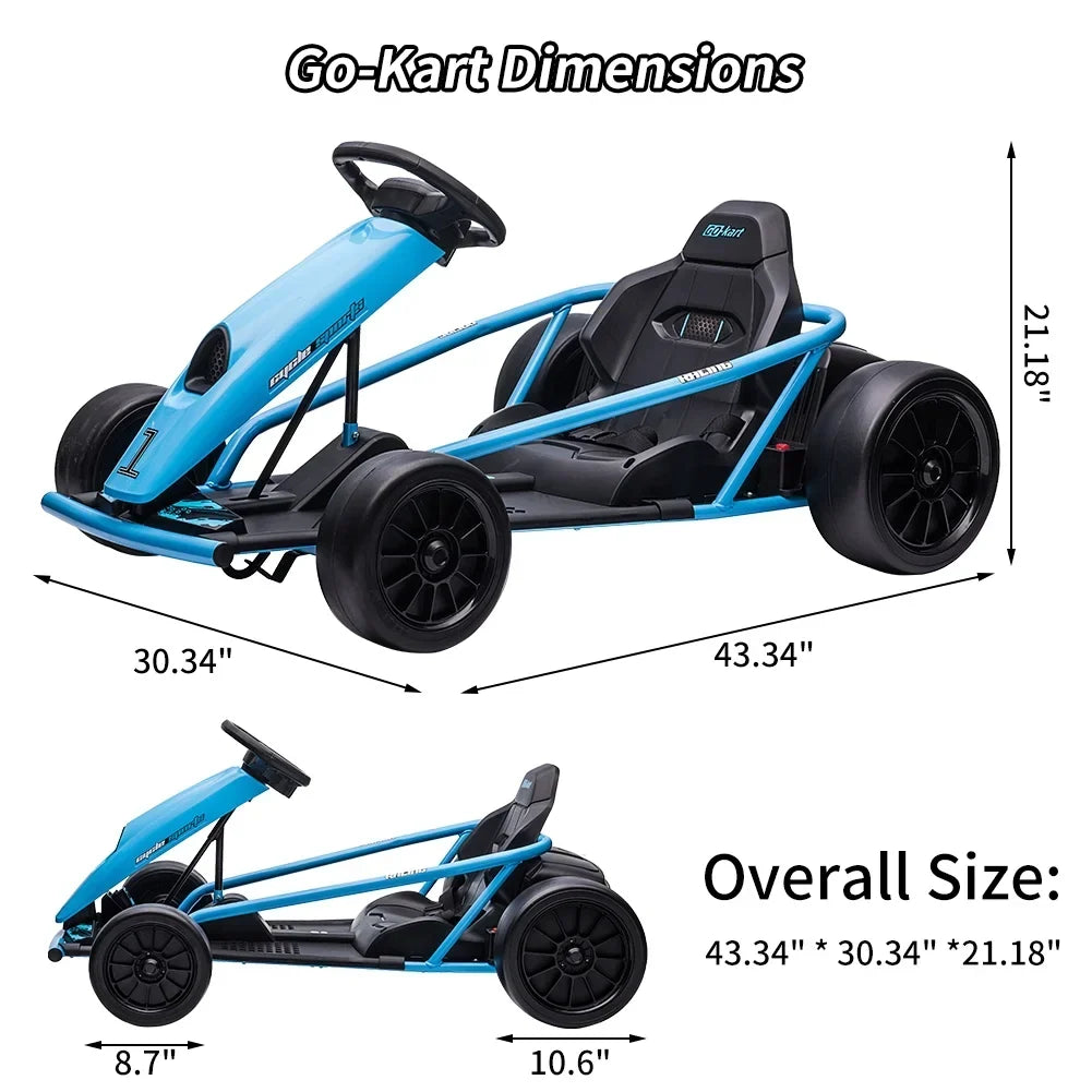 Nouveauté 2026 – Karting Simzone pour enfants, batterie 24 V, 2 moteurs 300 W, à pédales, vitesse maximale de 13 km/h, fonction drift, démarrage progressif, musique, pneus élastiques et résistants, bleu