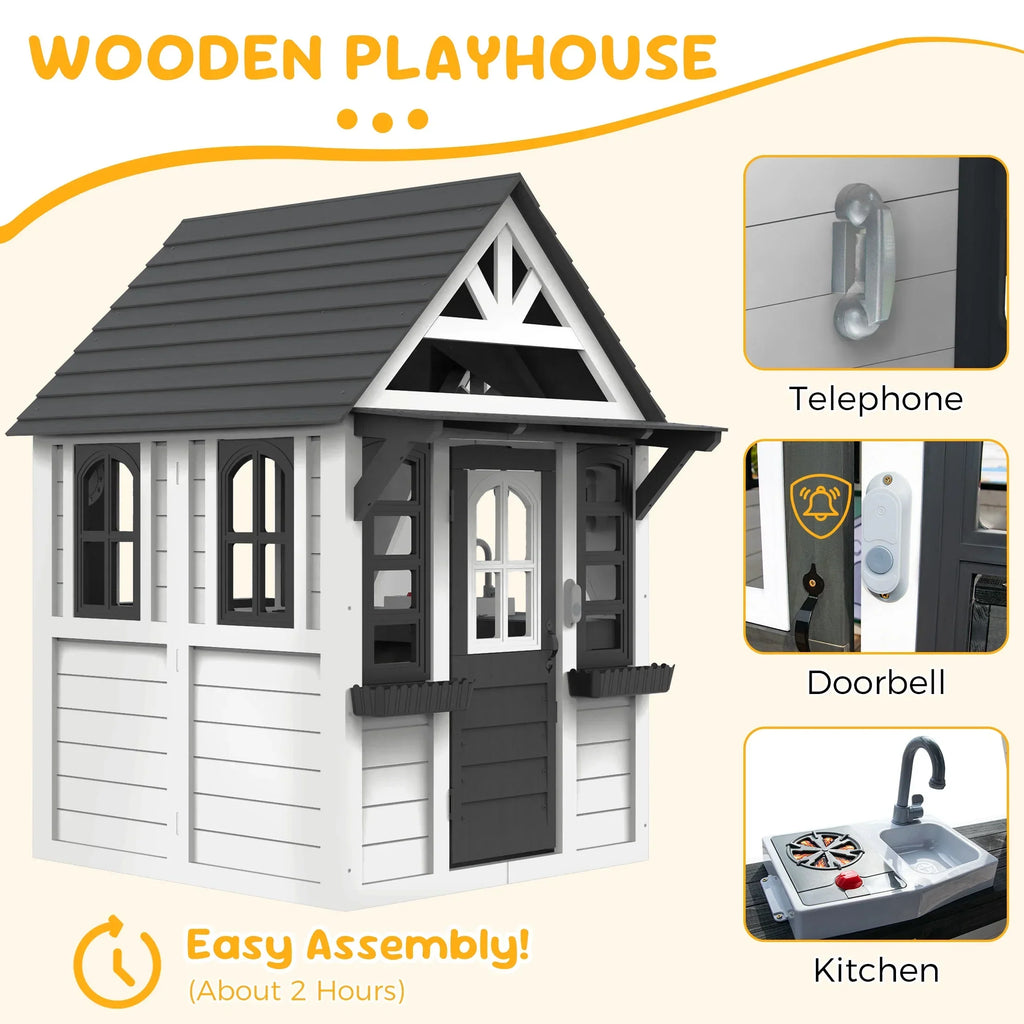 Nouveauté 2026 – Maisonnette d'extérieur COCLUB pour enfants de 4 à 8 ans, en bois, avec sonnette, téléphone et jouets de cuisine. Dimensions : 114 cm (L) x 165 cm (H). Couleurs : blanc et noir