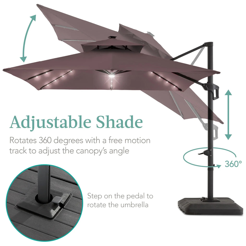 Nouveauté 2026 – Parasol de terrasse carré déporté à deux niveaux, 3 x 3 m, à éclairage solaire LED, avec base incluse (Best Choice Products, ) - Beige