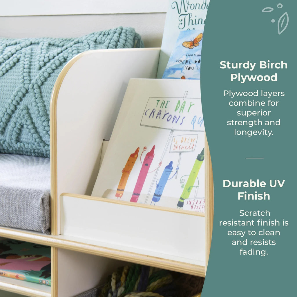 Nouveauté 2026 – Coin lecture EdQ de Guidecraft - Naturel : Banc de lecture en bois pour chambre d'enfant, étagère à livres, rangement pour jouets et cubes de rangement