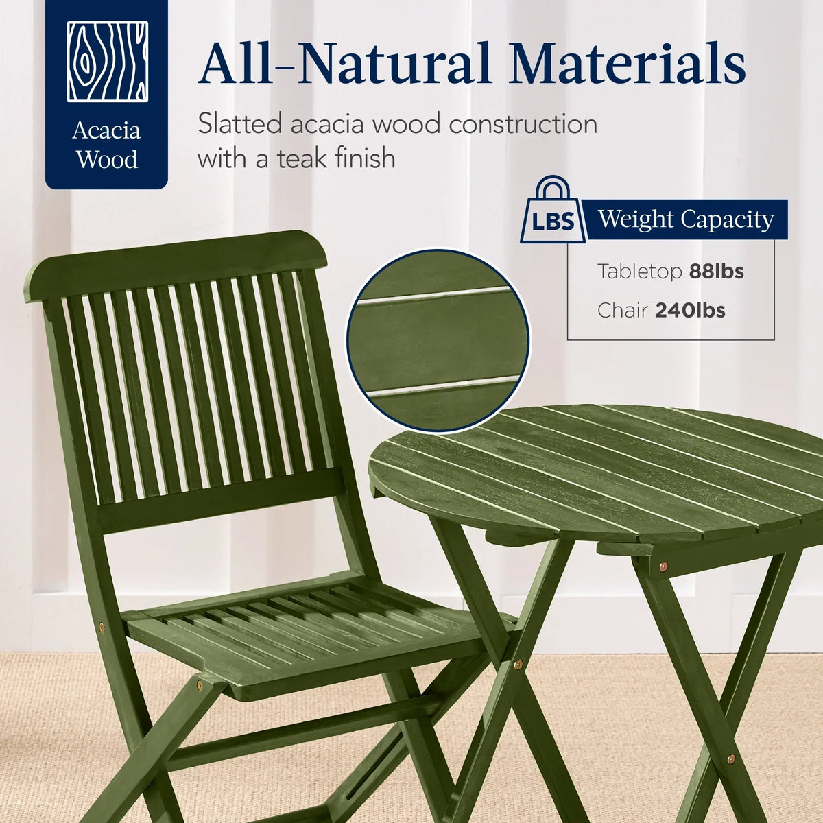 Nouveauté 2026 – Ensemble bistro 3 pièces en bois d'acacia Best Choice Products , mobilier de patio pliant avec 2 chaises et une table - Naturel