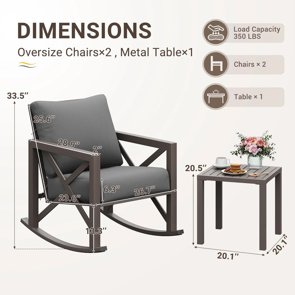 Nouveauté 2026 – Ensemble bistro MRUAKA , 3 pièces, comprenant 2 fauteuils à bascule et 1 table basse en métal avec coussins épais, idéal pour véranda, jardin ou bord de piscine, couleur beige