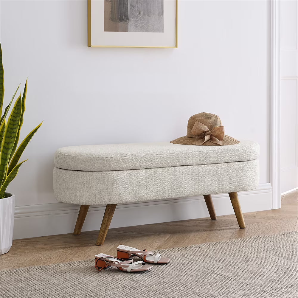 Nouveauté 2026 – Nouveau banc ottoman de rangement ovale de 110 cm (43,5 po) avec pieds en bois massif, revêtement en lin, charnière de sécurité, idéal pour l'entrée ou comme banc d'intérieur au pied du lit, à côté d'un canapé ou dans une entrée