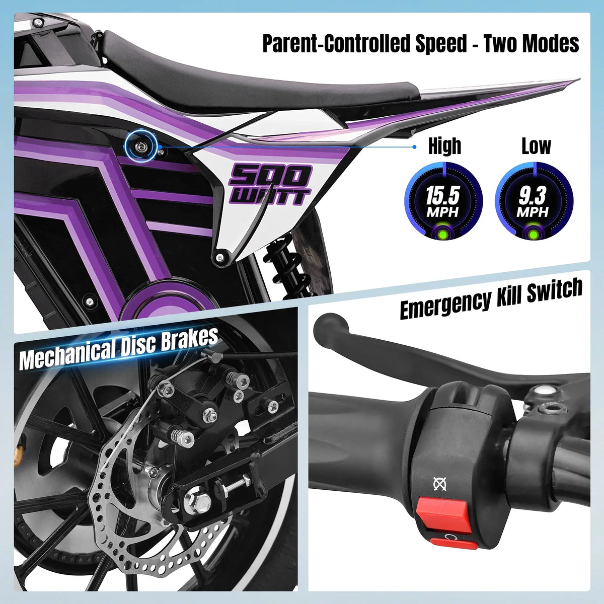 Nouveauté 2026 – Moto tout-terrain électrique QEASET , 500 W, pour enfants (garçons et filles) de 8 à 14 ans, bleue