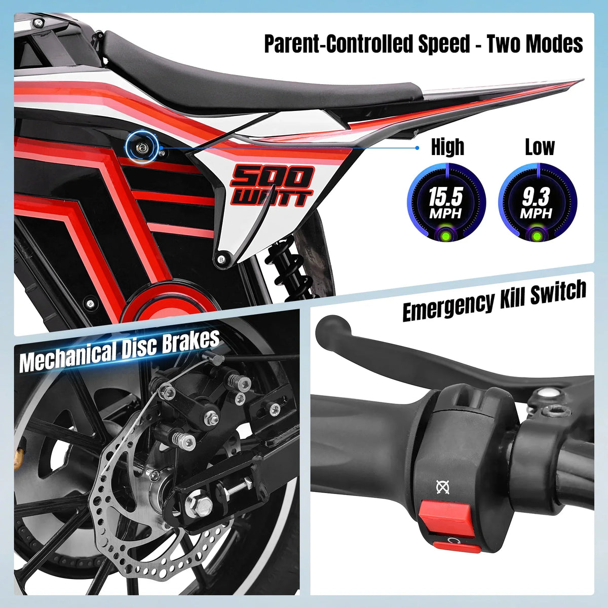 Nouveauté 2026 – Moto tout-terrain électrique QEASET , 500 W, pour enfants (garçons et filles) de 8 à 14 ans, bleue
