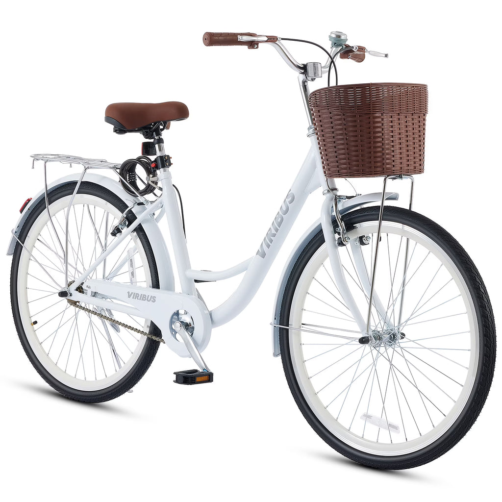 Nouveauté 2026 – Vélo confort femme Viribus , 24 pouces, style cruiser plage et ville, avec panier, blanc