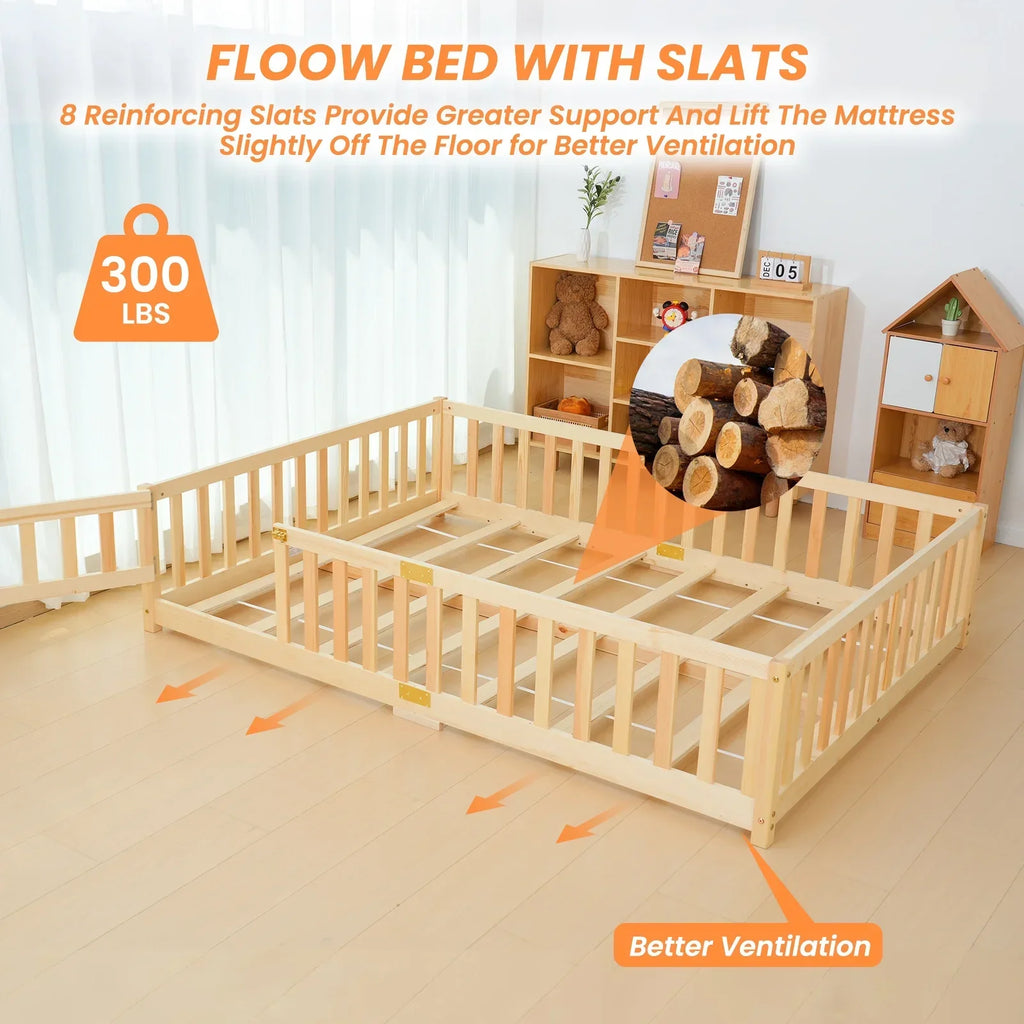 Nouveauté 2026 – Lit de sol Montessori pour tout-petits (taille jumelle), cadre de lit en bois massif avec barrière et porte, pour filles et garçons