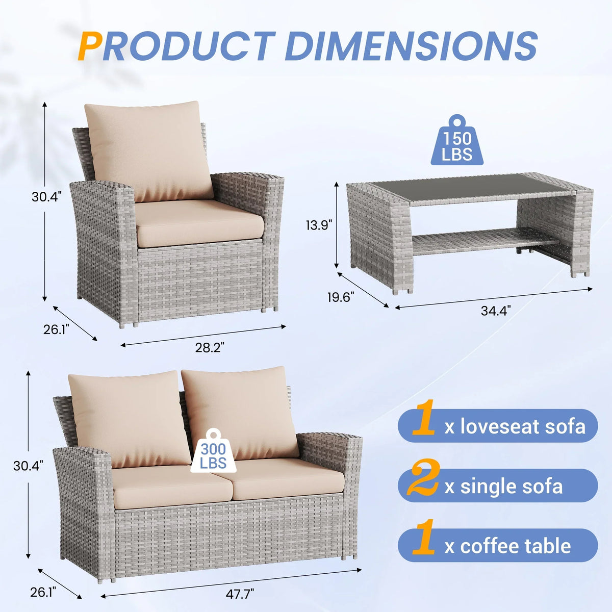Nouveauté 2026 – Ensemble de mobilier de patio en résine tressée UDPATIO , ensemble de conversation d'extérieur 4 pièces, canapé de patio en rotin PE gris pour balcon, porche, jardin, gris