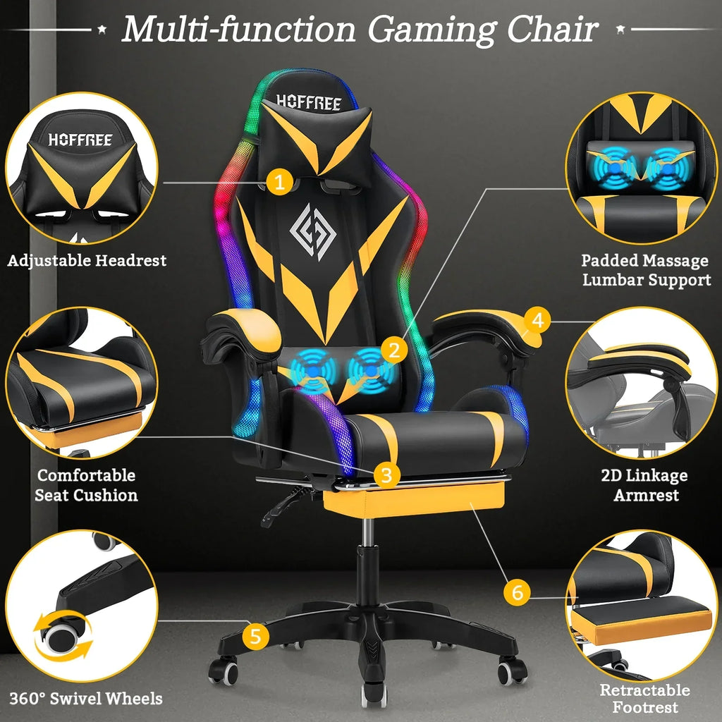 Nouveauté 2026 – Fauteuil de jeu Hoffree avec haut-parleurs intégrés, en cuir PU, repose-pieds et éclairage LED. Fauteuil ergonomique pour gamer avec massage, soutien lombaire et appui-tête pivotant et réglable. Idéal pour le télétravail et le bureau