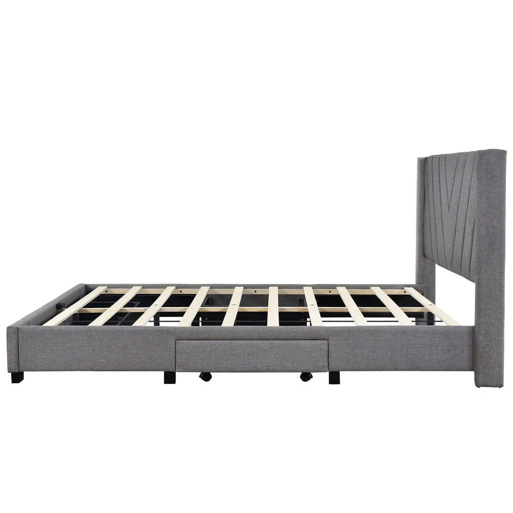 Nouveauté 2026 – Cadre de lit Queen Sesslife avec rangement, nouveau lit plateforme rembourré en lin amélioré avec 3 tiroirs, lit de rangement Queen avec tête de lit et lattes en bois, aucun sommier requis, supporte 227 kg, beige