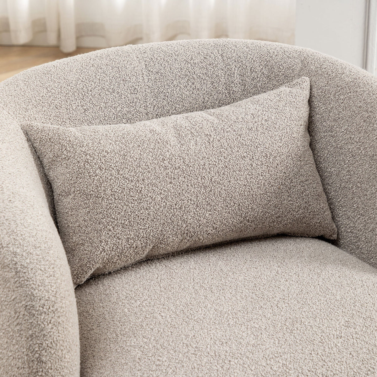Nouveauté 2026 – Fauteuil pivotant rond 34" en bouclette de 86 cm de large, sans assemblage, avec coussin décoratif, idéal pour le salon et la chambre, couleur taupe