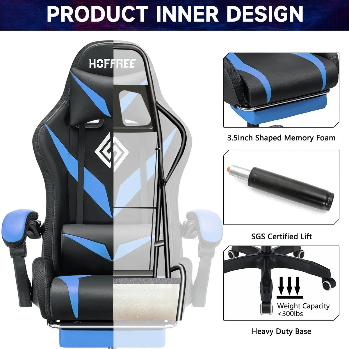 Nouveauté 2026 – Fauteuil de jeu Hoffree avec haut-parleurs intégrés, en cuir PU, repose-pieds et éclairage LED. Fauteuil ergonomique pour gamer avec massage, soutien lombaire et appui-tête pivotant et réglable. Idéal pour le télétravail et le bureau