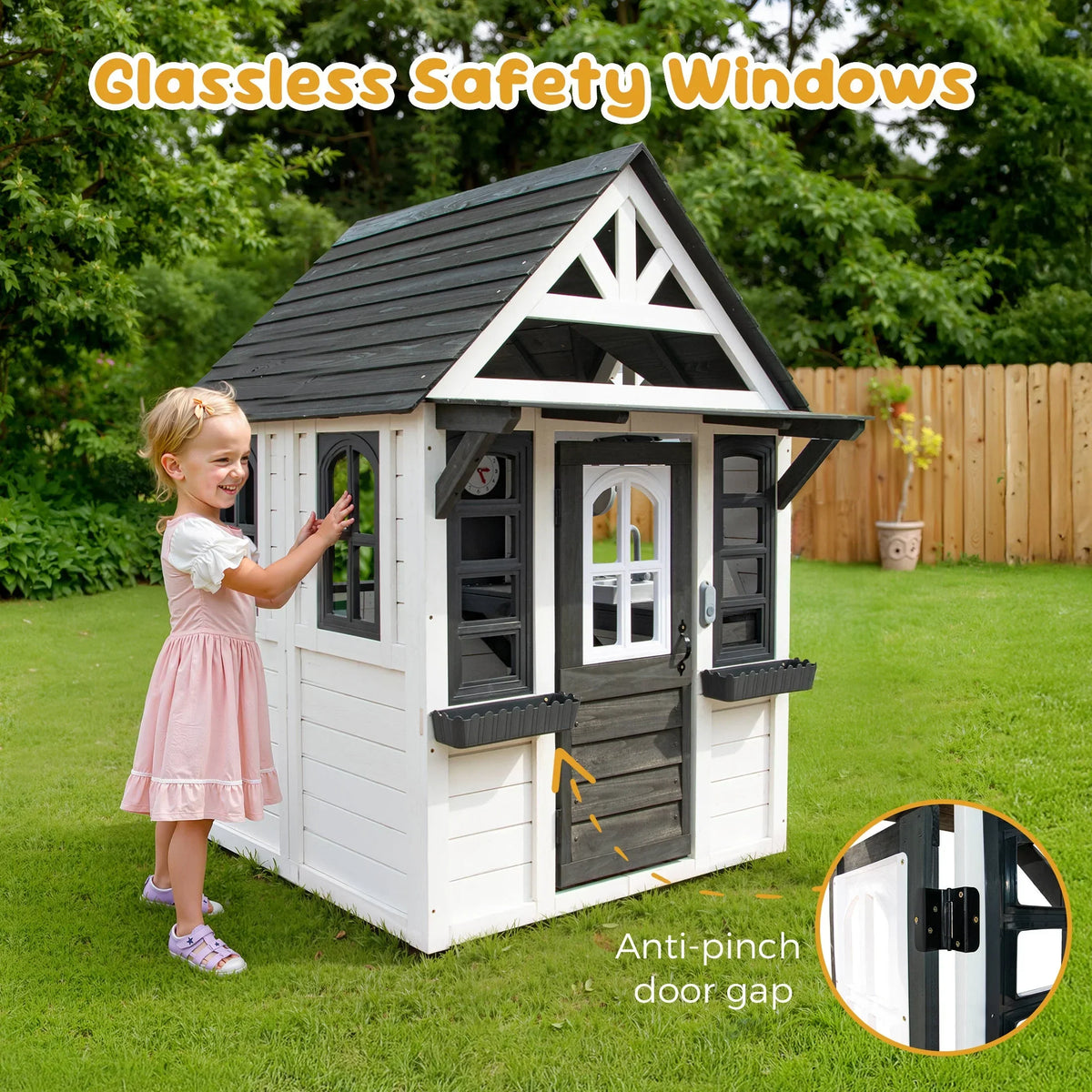 Nouveauté 2026 – Maisonnette d'extérieur COCLUB pour enfants de 4 à 8 ans, en bois, avec sonnette, téléphone et jouets de cuisine. Dimensions : 114 cm (L) x 165 cm (H). Couleurs : blanc et noir