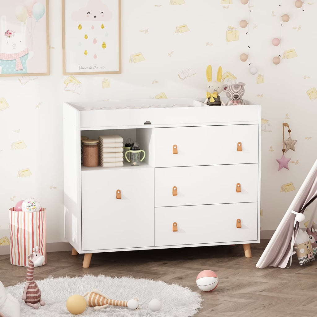 Nouveauté 2026 – Table à langer/commode pour chambre de bébé OXYLIFE , 114 cm (45 po), avec 4 tiroirs et une étagère, blanche