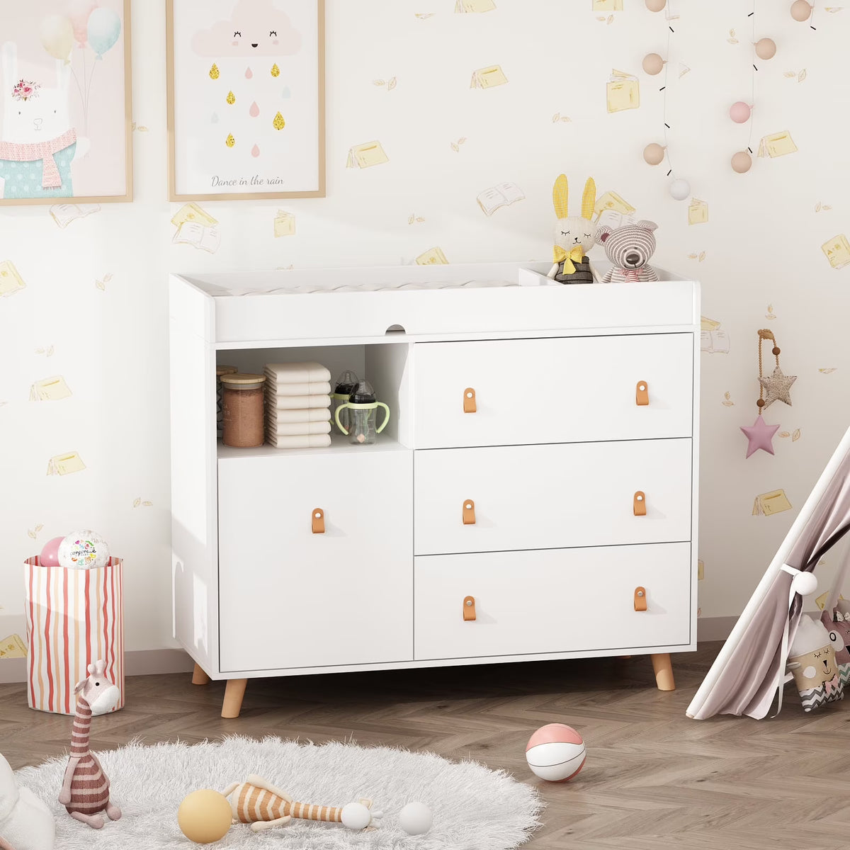 Nouveauté 2026 – Table à langer/commode pour chambre de bébé OXYLIFE , 114 cm (45 po), avec 4 tiroirs et une étagère, blanche