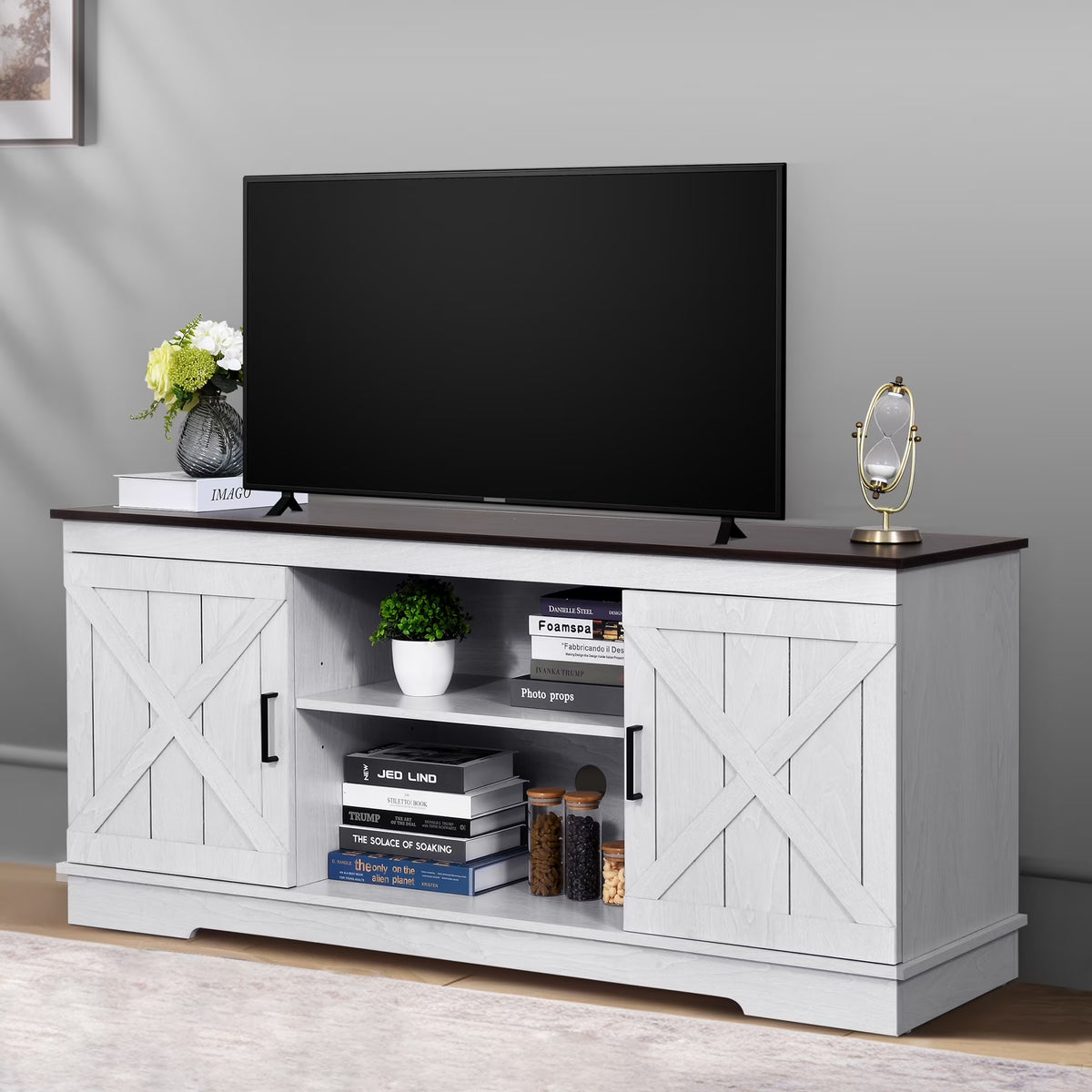 Nouveauté 2026 – Meuble TV Dextrus Farmhouse pour téléviseur 65 pouces, centre multimédia pour salon, meuble console TV, gris délavé