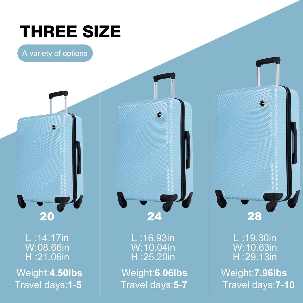 Nouveauté 2026 – Ensemble de 3 valises Tripcomp , valise rigide légère à roulettes multidirectionnelles 20 po, 24 po, 28 po (bleu
