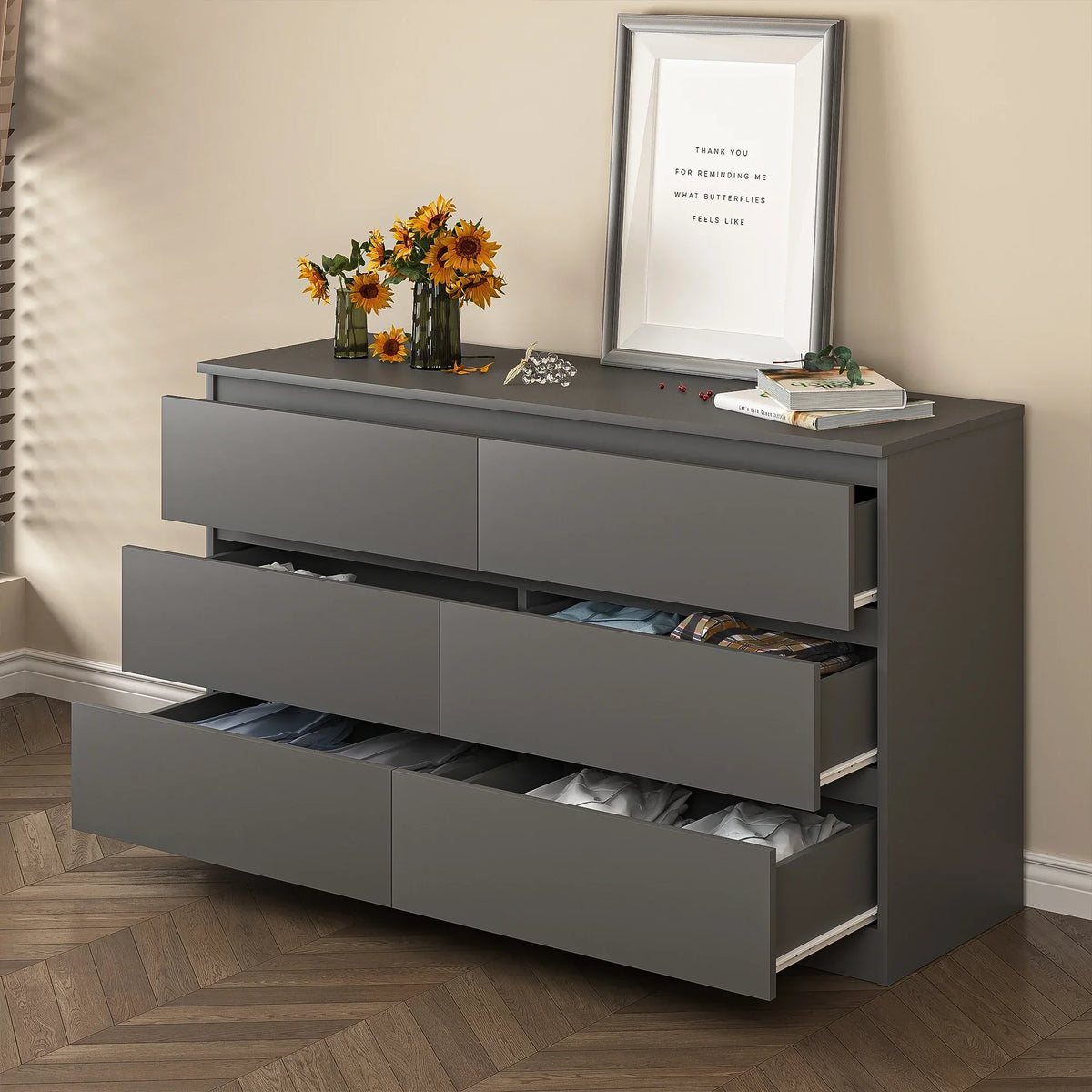 Nouveauté 2026 – Commode Resenkos moderne style milieu du siècle, 6 tiroirs, large, pour chambre à coucher, grise