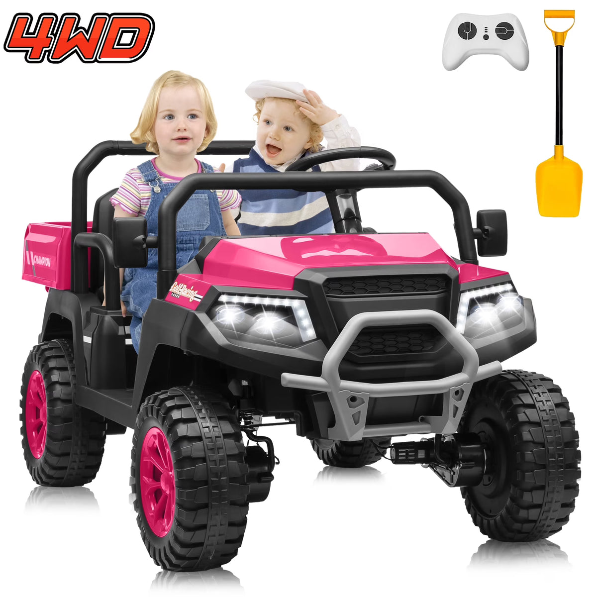 Nouveauté 2026 – Joyracer , véhicule tout-terrain électrique (UTV) 24 volts pour enfants, 2 places, avec télécommande. Voiturette de golf électrique avec 4 moteurs de 200 W, remorque inclinable et pelle, suspension à ressorts sur les 4 roues, musique