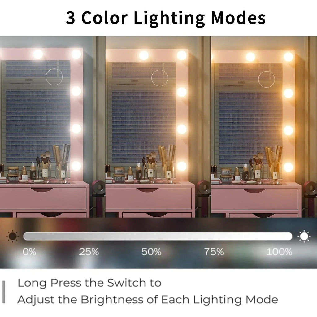 Nouveauté 2026 – Coiffeuse Yanosaku à 15 tiroirs avec prise électrique, miroir et 13 lumières LED, 3 modes d'éclairage de couleur, luminosité réglable, plateau en verre, ensemble coiffeuse pour chambre à coucher