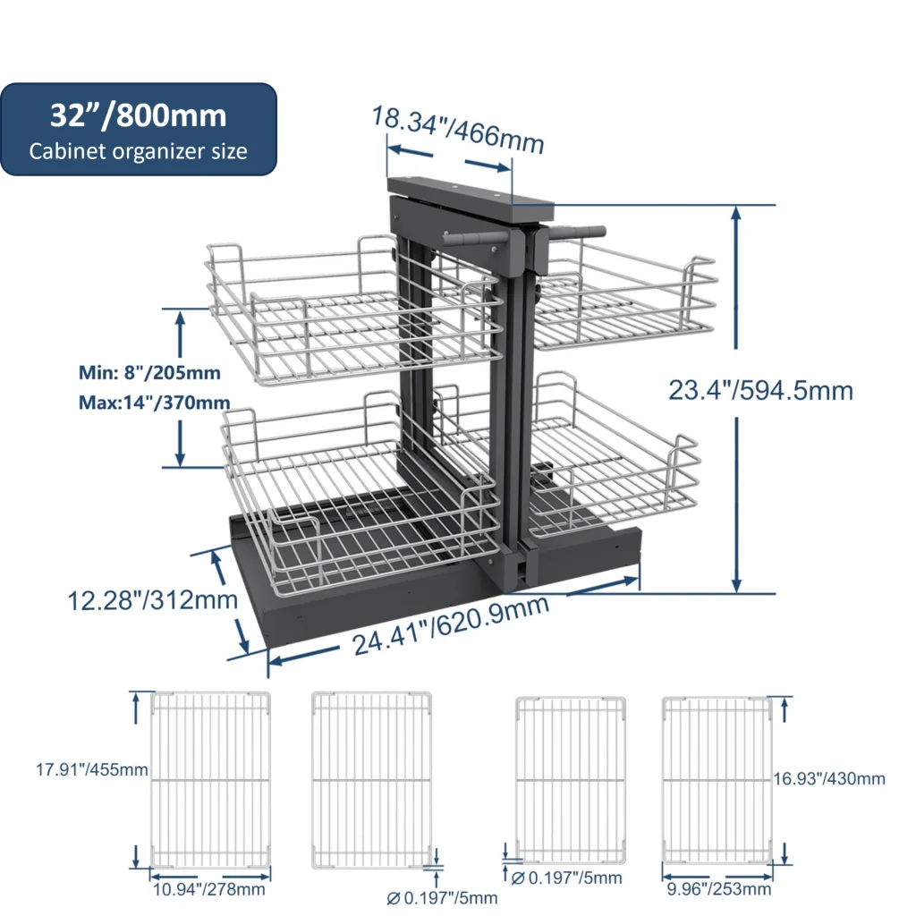 Nouveauté 2026 – Organisateur d'angle coulissant VADANIA pour armoire de 81 cm (32 po), fermeture amortie, ouverture minimale de 36 cm (14 po), 2 niveaux