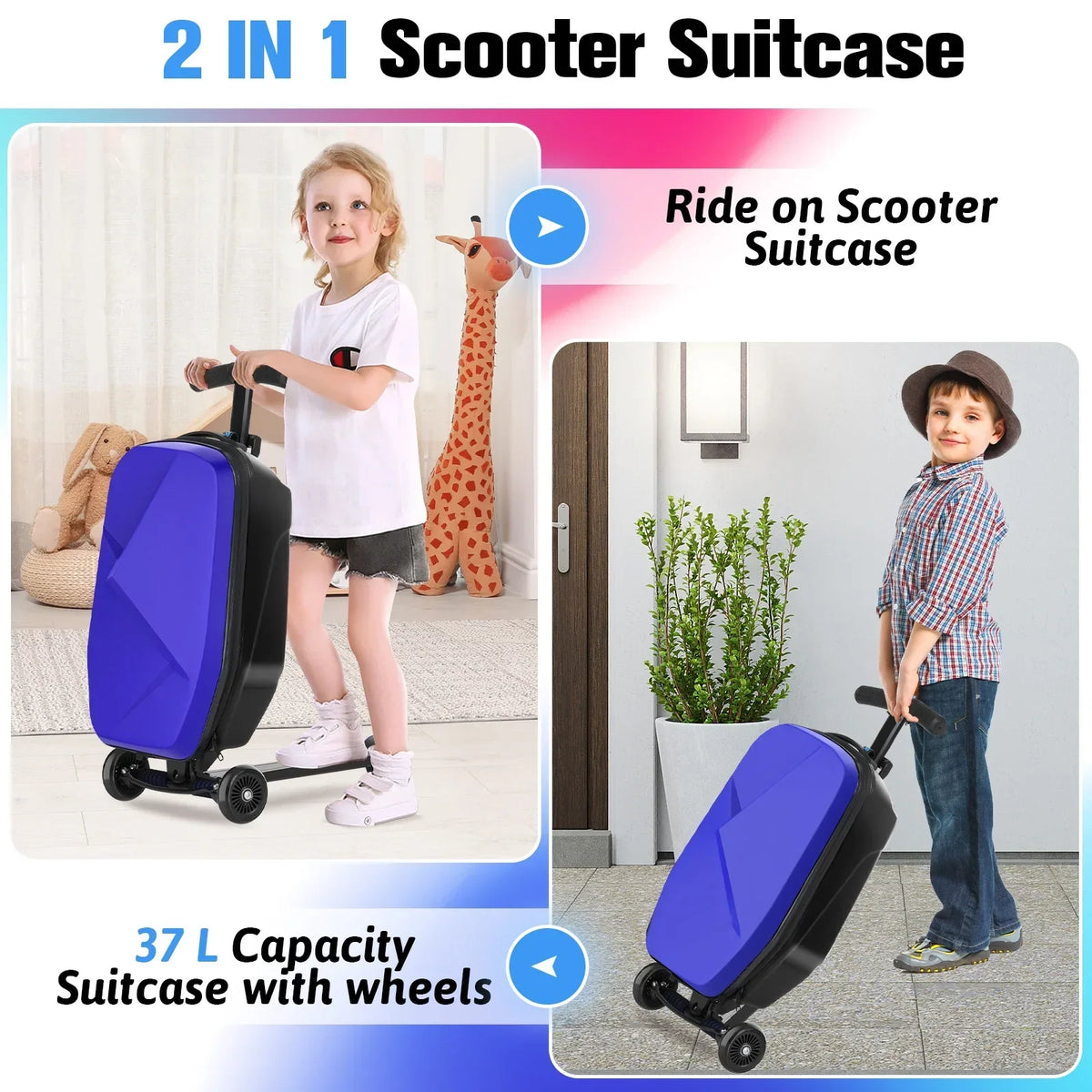 Nouveauté 2026 – Valise-trottinette Advwin pour enfants et adultes, valise rigide à roulettes pour enfants de 4 à 15 ans, multifonctionnelle, légère et pliable, avec roulettes, rose