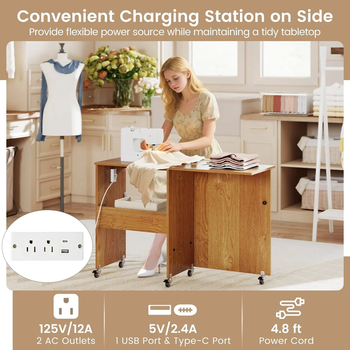 Nouveauté 2026 – Table de couture pliante Costway , station de loisirs créatifs roulante avec 3 bacs de rangement et station de charge, blanc et naturel