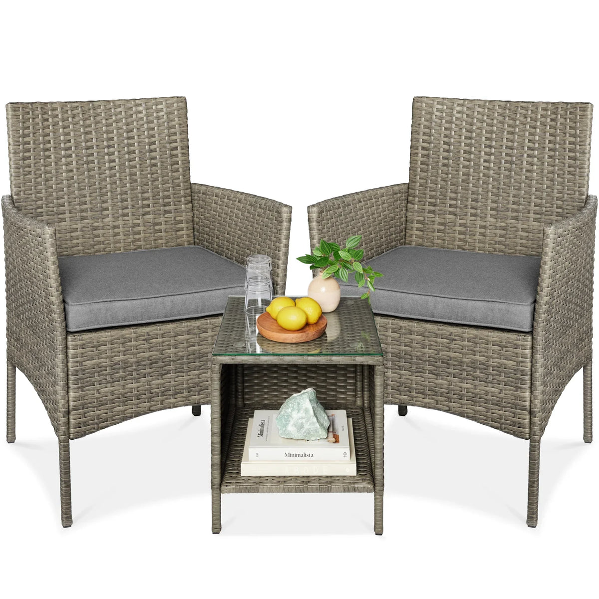 Nouveauté 2026 – Ensemble bistro de jardin 3 pièces en résine tressée Best Choice Products , avec 2 chaises et une table - Gris/Bleu marine