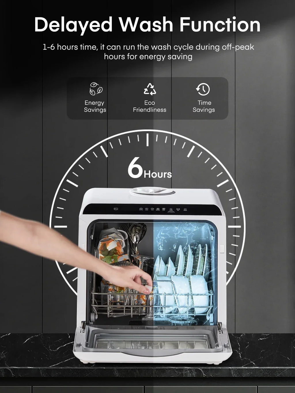 Nouveauté 2026 – Lave-vaisselle de comptoir FOHERE avec départ différé 6 h, lave-vaisselle portable avec réservoir d'eau intégré de 5 L, 6 programmes, double jet à 360°, haute température