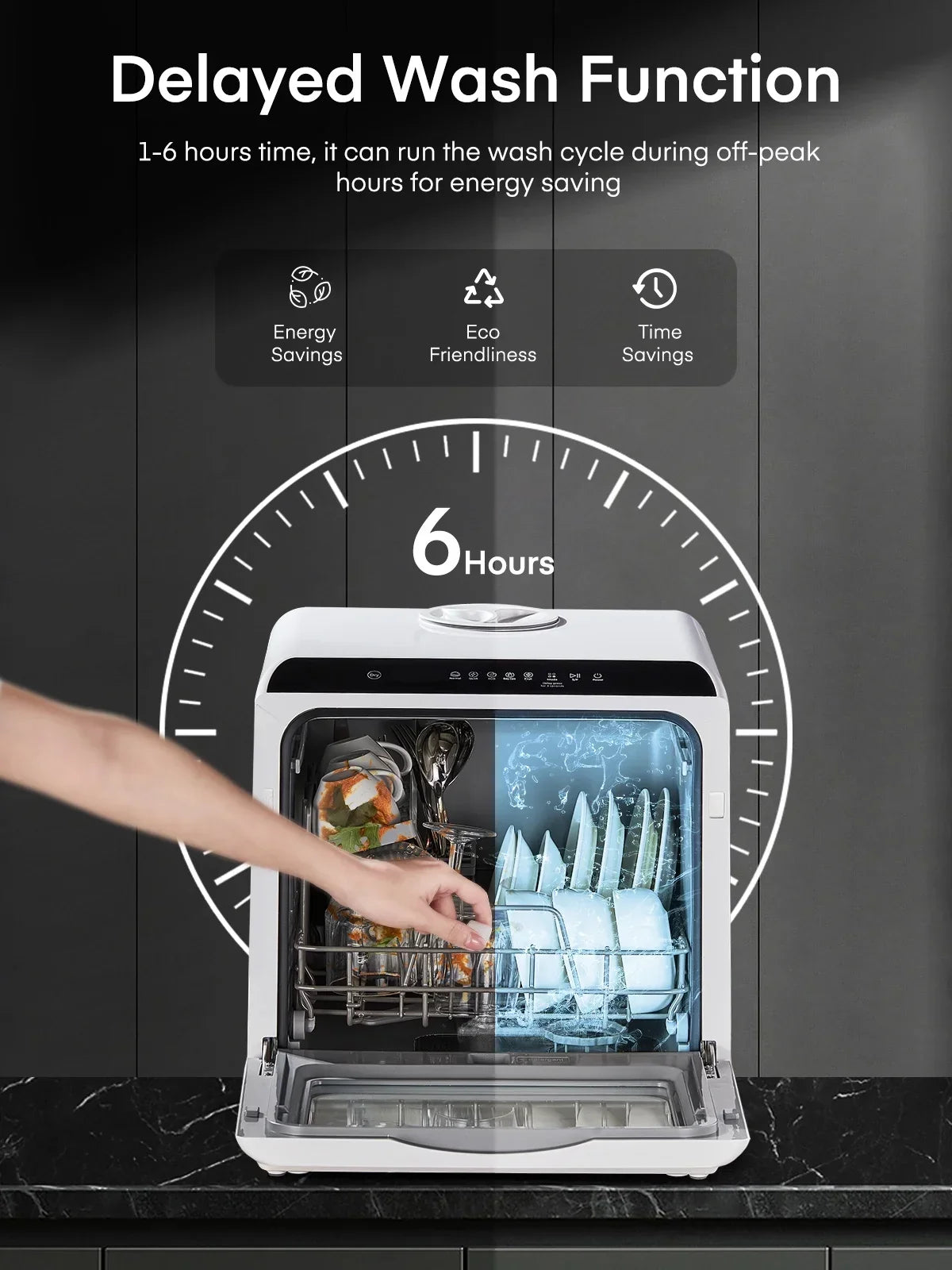 Nouveauté 2026 – Lave-vaisselle de comptoir FOHERE avec départ différé 6 h, lave-vaisselle portable avec réservoir d'eau intégré de 5 L, 6 programmes, double jet à 360°, haute température