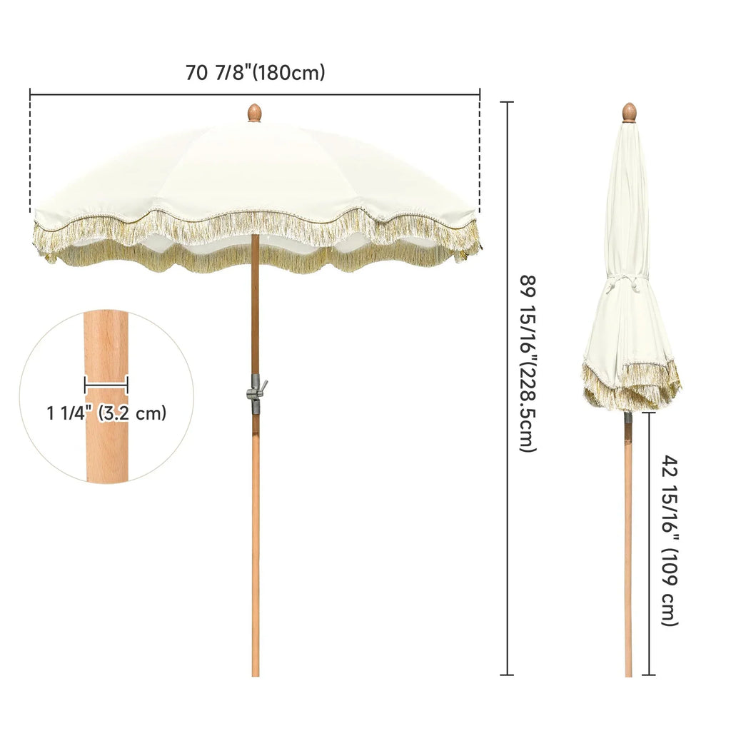 Nouveauté 2026 – Parasol de terrasse LAGarden de 1,8 m à franges et pompon, style Jazz Age, en bois, protection UPF50+, beige avec pompon doré, modèle : JZ6-01