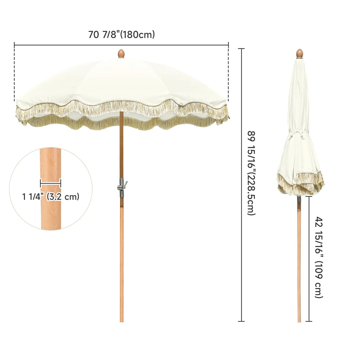 Nouveauté 2026 – Parasol de terrasse LAGarden de 1,8 m à franges et pompon, style Jazz Age, en bois, protection UPF50+, beige avec pompon doré, modèle : JZ6-01