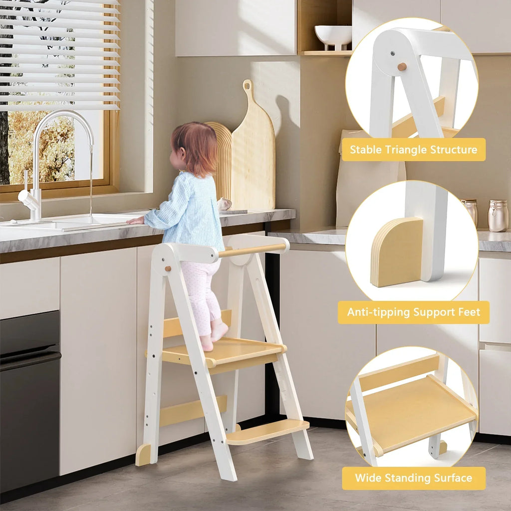 Nouveauté 2026 – Marchepied de cuisine JOZ pour tout-petits, tabouret d'apprentissage Montessori, tour pliable pour le comptoir, aide à la station debout pour les enfants, 3 hauteurs réglables, en bois, blanc