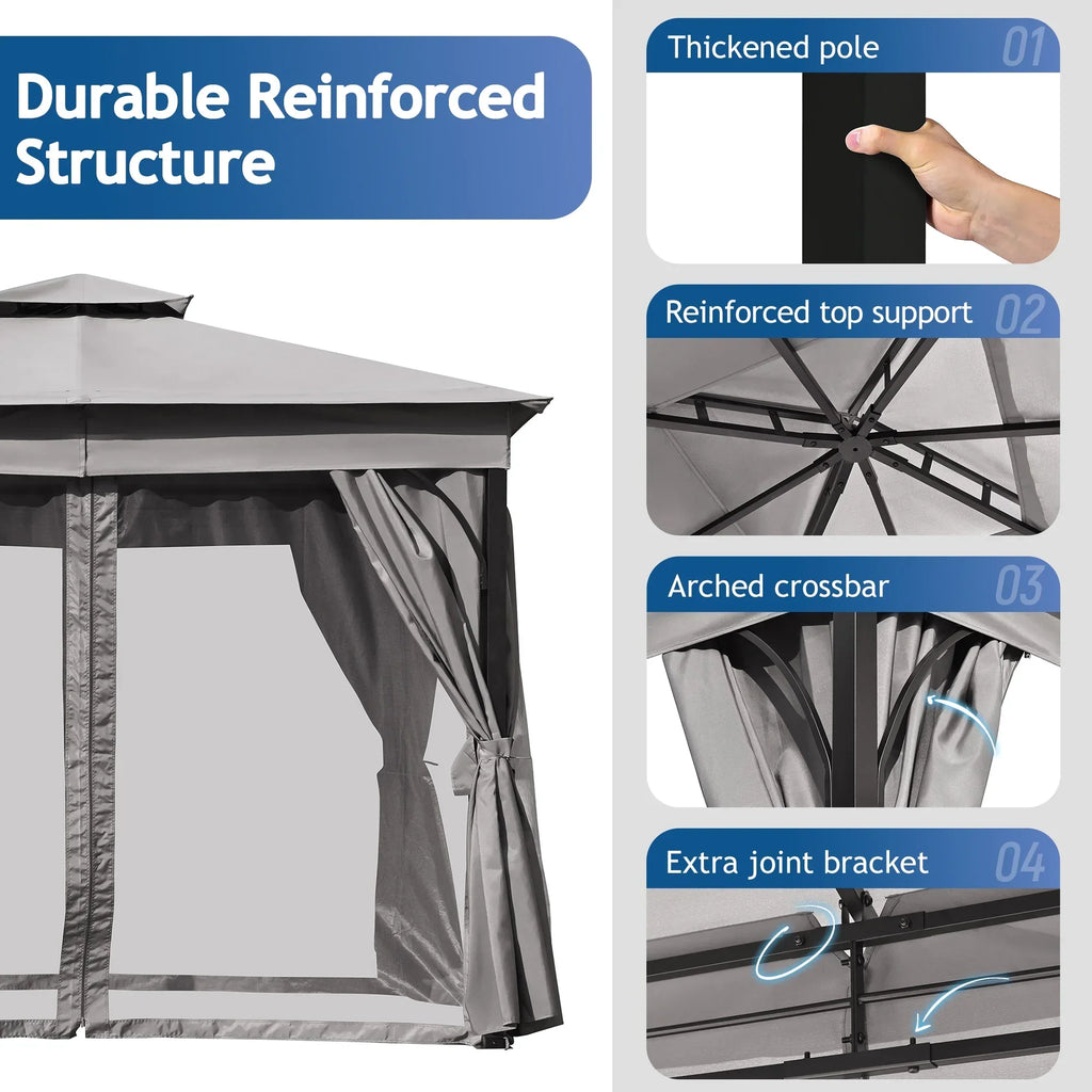 Nouveauté 2026 – Gazebo d'extérieur 10'x10', gazebo de patio avec moustiquaire et écrans d'intimité pour cour arrière, jardin, pelouse et terrasse, gris