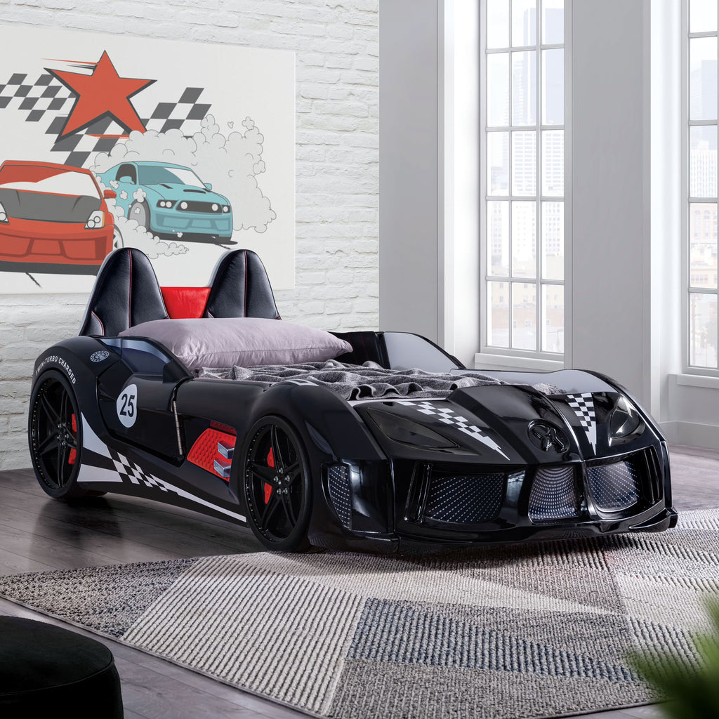 Nouveauté 2026 – Lit double en plastique pour enfants Dash Kids, motif voiture de course, avec LED et son, blanc, Furniture of America