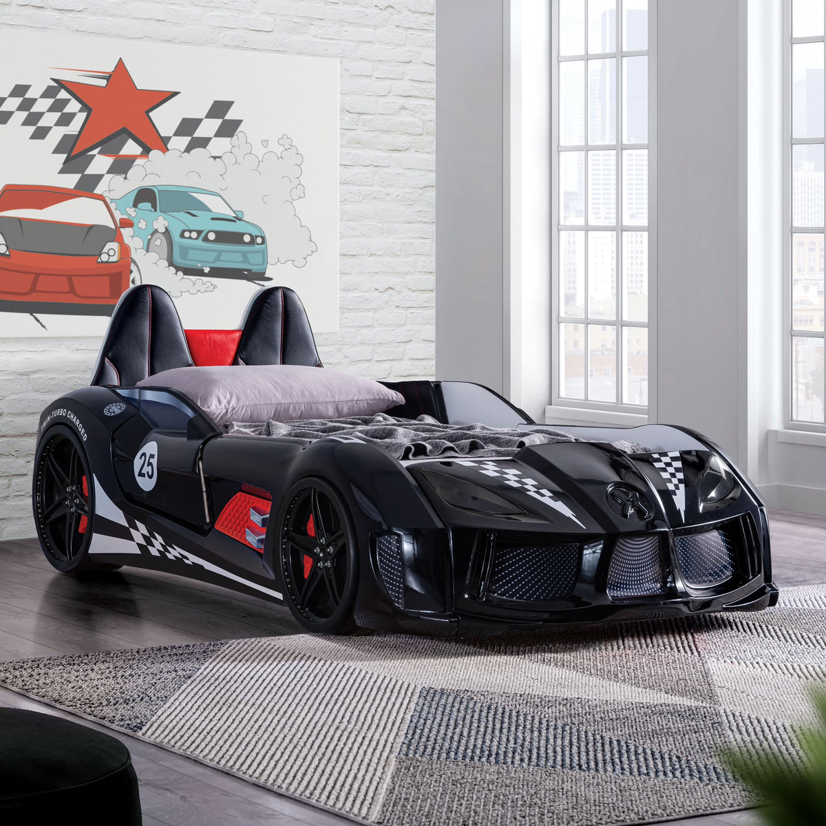 Nouveauté 2026 – Lit double en plastique pour enfants Dash Kids, motif voiture de course, avec LED et son, blanc, Furniture of America