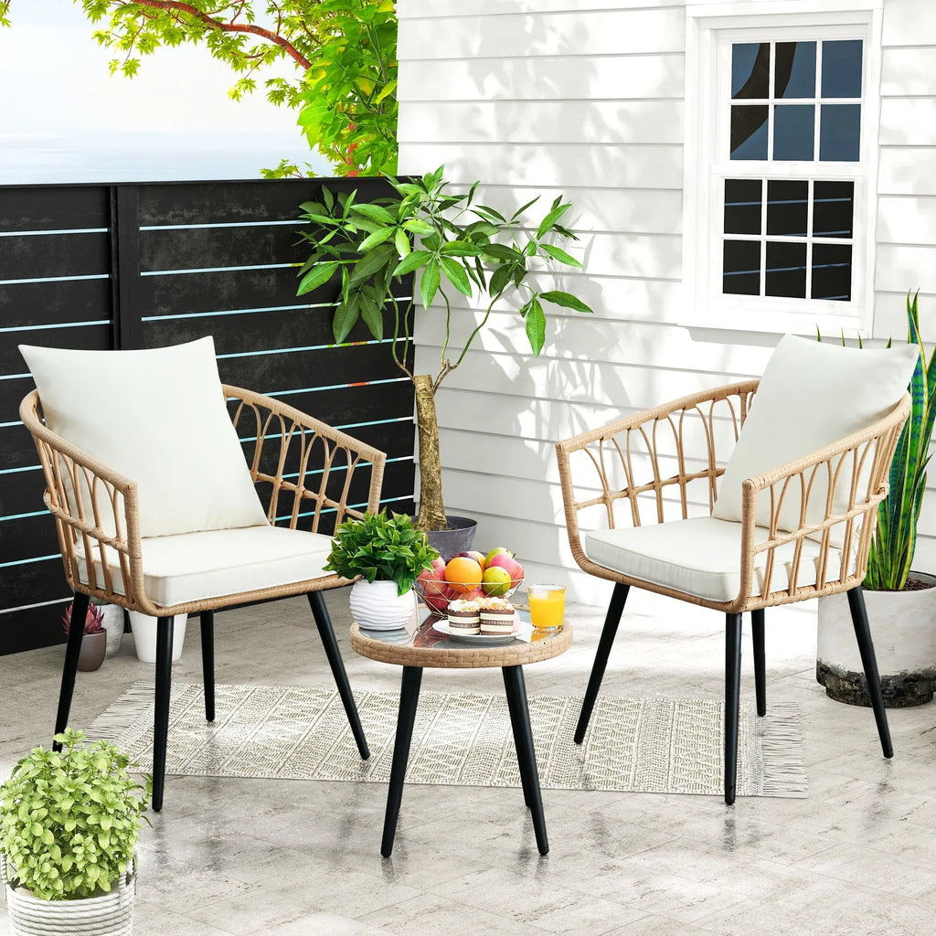 Nouveauté 2026 – Ensemble bistro de patio 3 pièces FHFO , mobilier d'extérieur en résine tressée pour balcon, appartement ou terrasse, ensemble table et chaises en rotin (2 pièces), beige